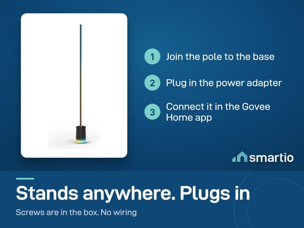 Govee Floor Lamp 2 setup: join the pole to the base with the screws, plug in, connect in Govee Home