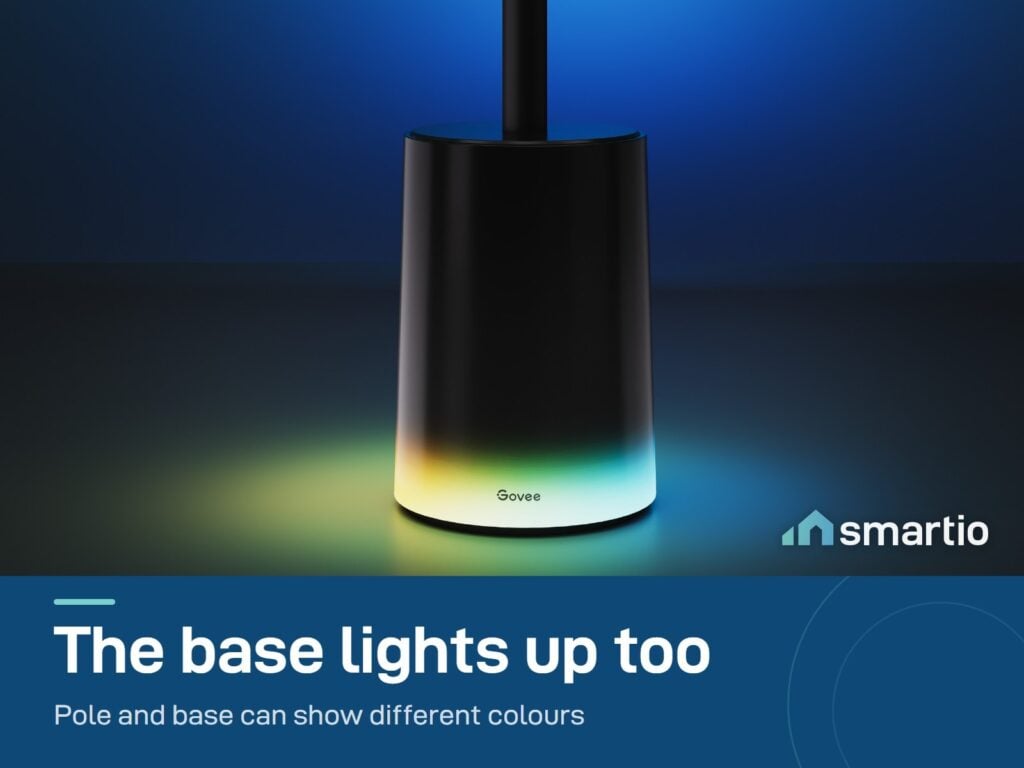 Close-up of the Govee Floor Lamp 2 base glowing in colour; the pole and base can show different colours