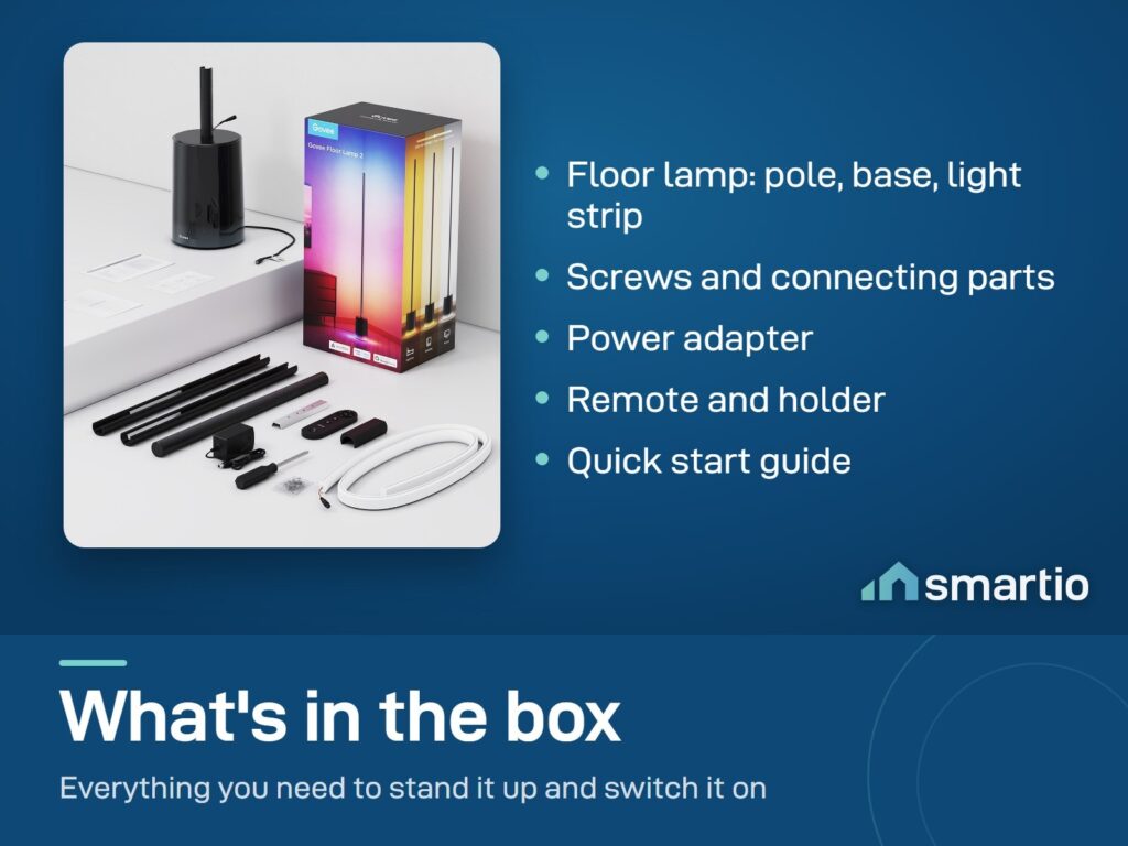 What's in the Govee Floor Lamp 2 box: lamp with pole, base and light strip, screws, adapter, remote, guide