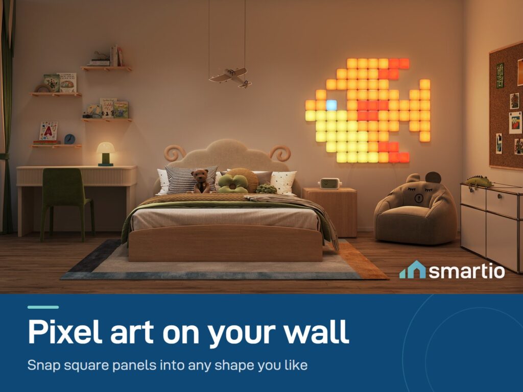 Govee Mini Panel Lights forming a glowing fish shape on a bedroom wall above a bed
