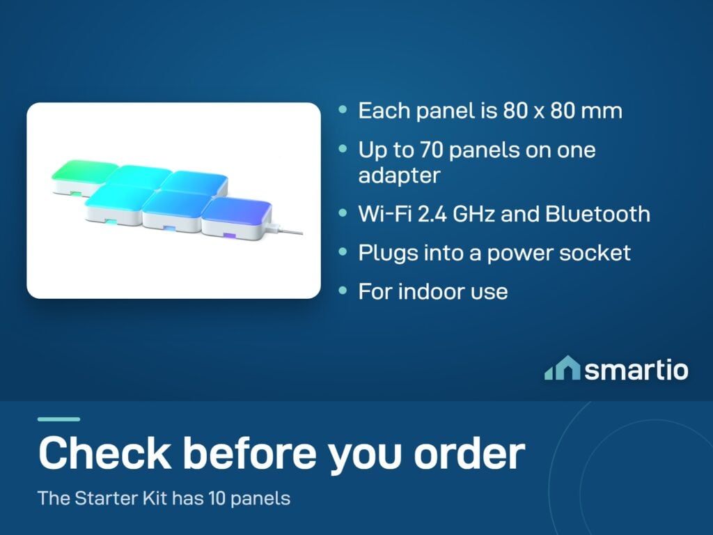 Govee Mini Panel Lights: 80 x 80 mm panels, up to 70 on one power adapter, Wi-Fi 2.4 GHz and Bluetooth, indoor use