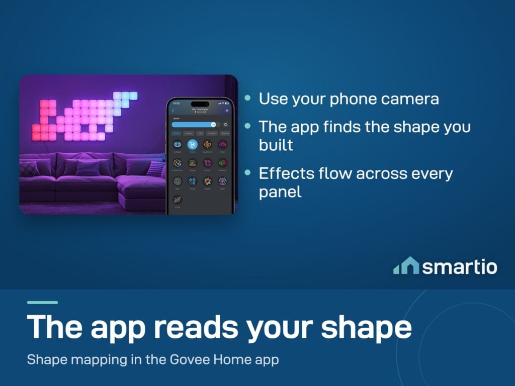 Govee Mini Panel Lights in a purple living room with the Govee Home app on a phone for shape mapping