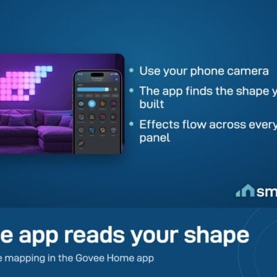 Govee Mini Panel Lights in a purple living room with the Govee Home app on a phone for shape mapping