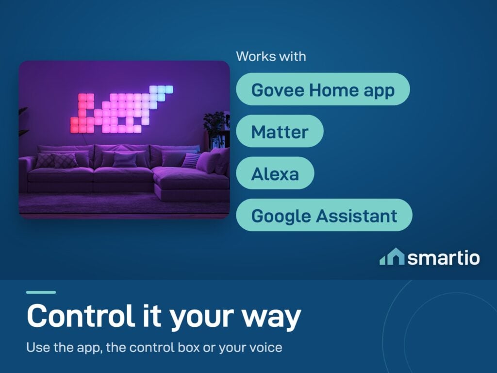 Govee Mini Panel Lights in pink on a purple living room wall; works with Govee Home, Matter, Alexa and Google Assistant