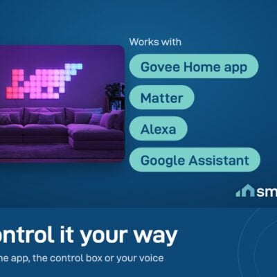 Govee Mini Panel Lights in pink on a purple living room wall; works with Govee Home, Matter, Alexa and Google Assistant