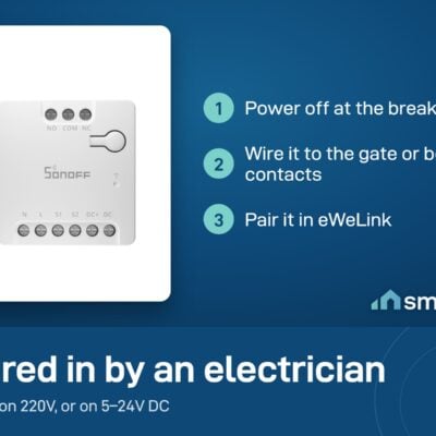 Sonoff MINI-D install: power off, wire it to the gate or boiler, pair in eWeLink