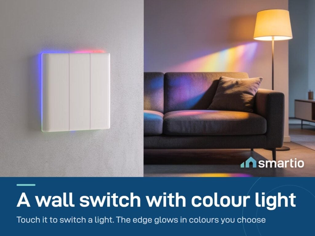 Sonoff TX Ultimate touch wall switch with a glowing colour edge on the wall of a living room