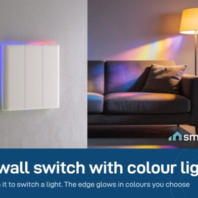 Sonoff TX Ultimate touch wall switch with a glowing colour edge on the wall of a living room