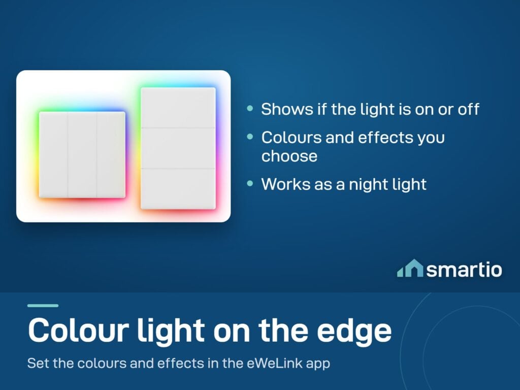 Two Sonoff TX Ultimate wall switches with a colour light glowing around the edge
