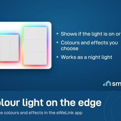 Two Sonoff TX Ultimate wall switches with a colour light glowing around the edge