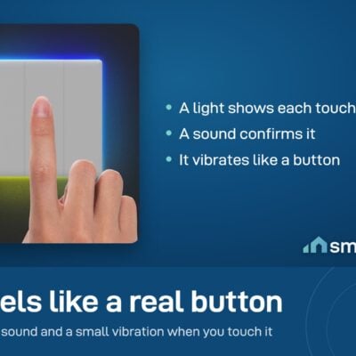 A finger touching the Sonoff TX Ultimate wall switch, with a colour light around the edge
