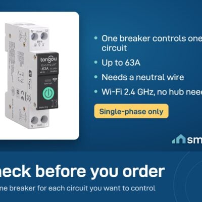 Tongou Smart Life smart breaker: one breaker per circuit, up to 63A, single-phase, neutral wire needed, Wi-Fi 2.4 GHz