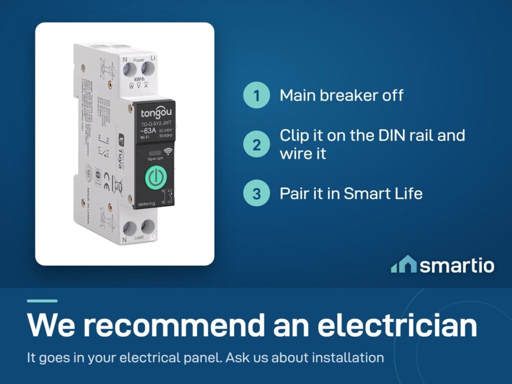 Tongou Smart Life smart breaker install: main breaker off, clip on the DIN rail and wire it, pair in Smart Life