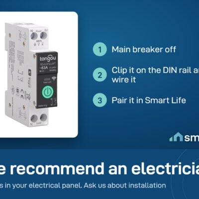 Tongou Smart Life smart breaker install: main breaker off, clip on the DIN rail and wire it, pair in Smart Life