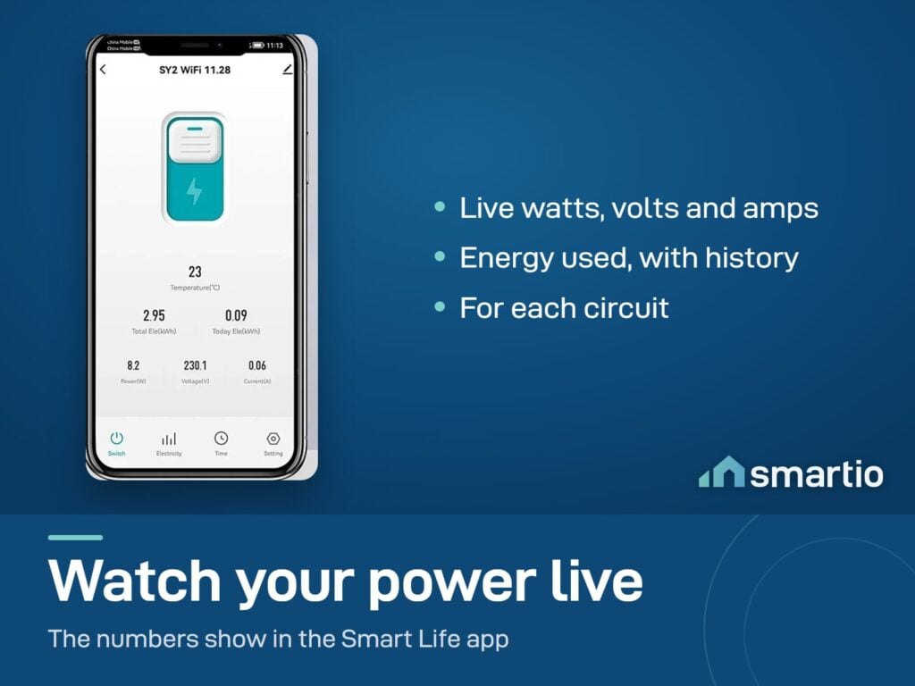 Smart Life app screen for the Tongou breaker showing live power, voltage, current and energy used