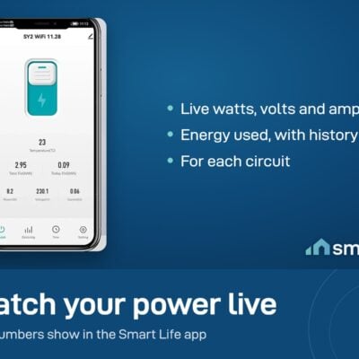 Smart Life app screen for the Tongou breaker showing live power, voltage, current and energy used