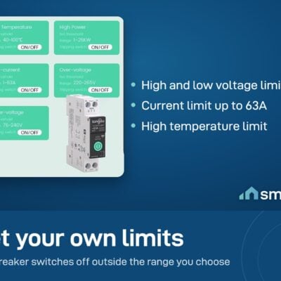 Smart Life app alarm settings for the Tongou breaker: voltage 76 to 265V, current 1 to 63A, temperature up to 100C
