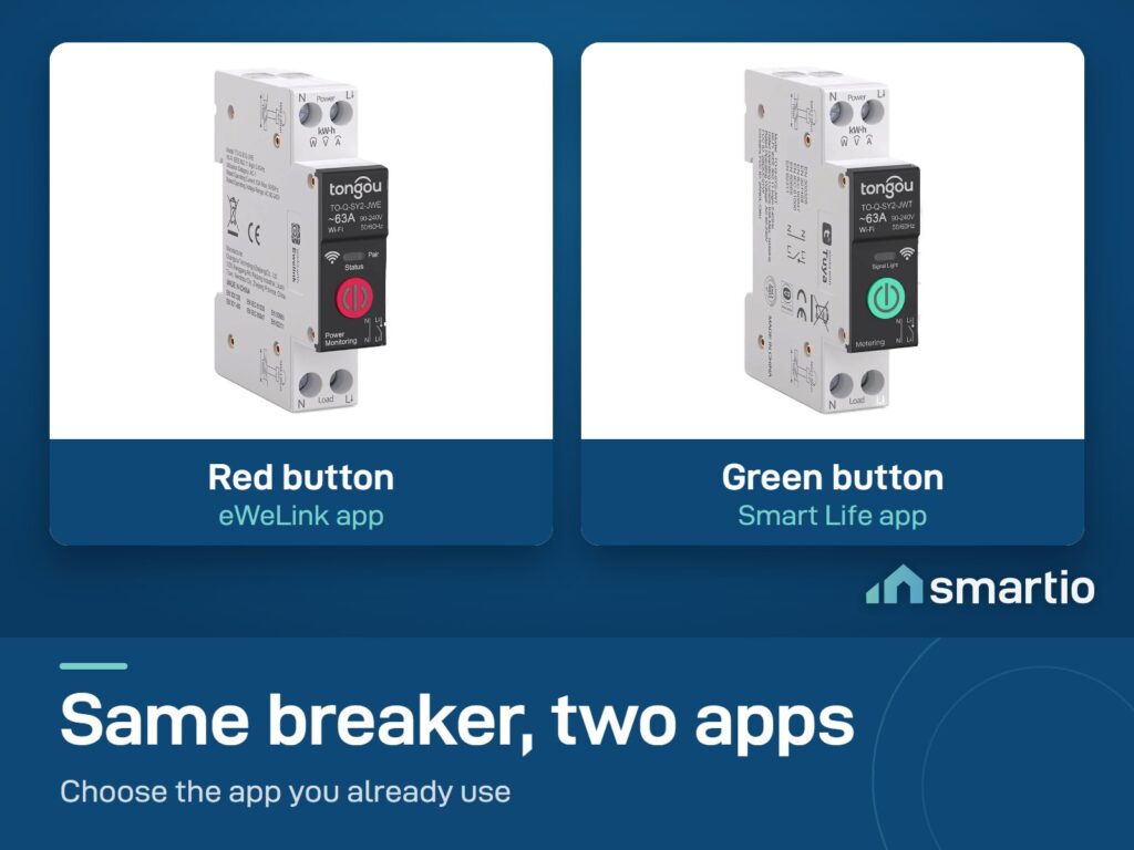 Tongou smart breaker in two versions: red button for the eWeLink app, green button for the Smart Life app