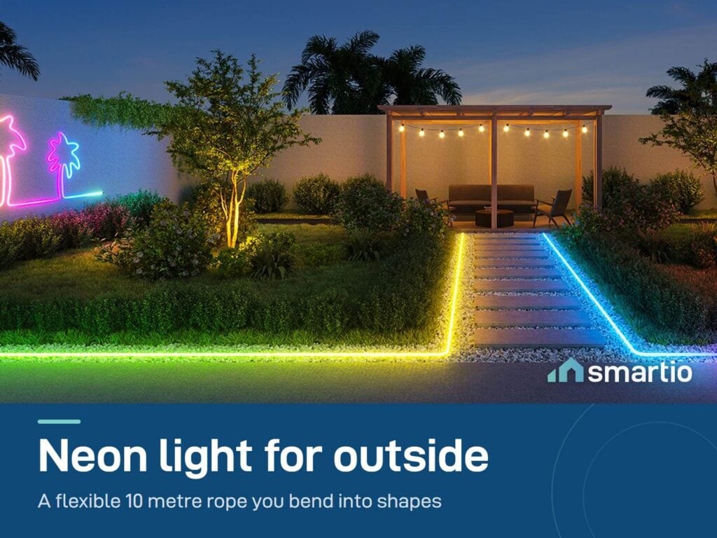 Govee outdoor neon rope light glowing along a garden path at night