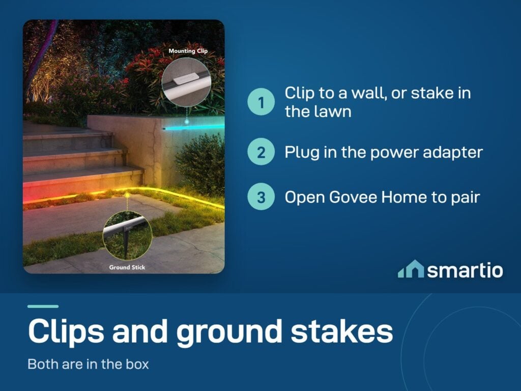 Govee outdoor neon rope fixed to a wall with a mounting clip and on a lawn with a ground stake