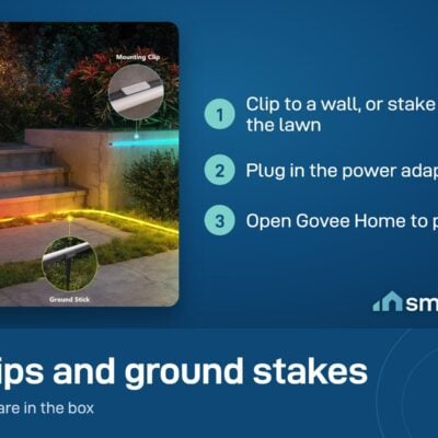 Govee outdoor neon rope fixed to a wall with a mounting clip and on a lawn with a ground stake