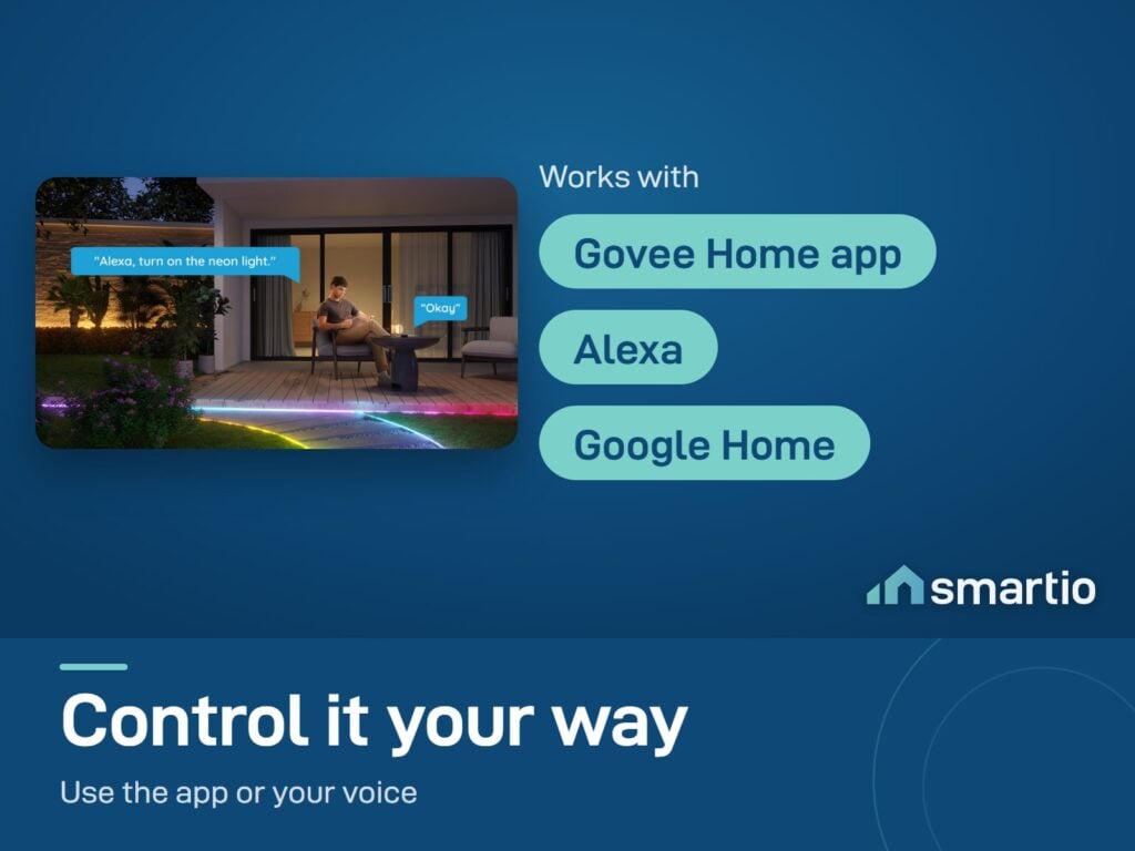Man on a patio asking Alexa to turn on the Govee outdoor neon rope light along the path