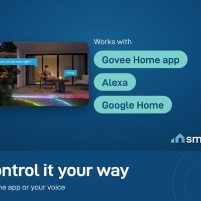 Man on a patio asking Alexa to turn on the Govee outdoor neon rope light along the path