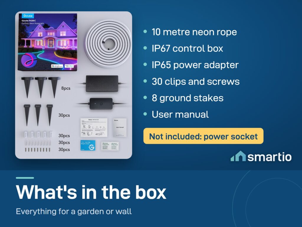 What's in the Govee outdoor neon rope box: rope, control box, power adapter, clips, screws, ground stakes, manual
