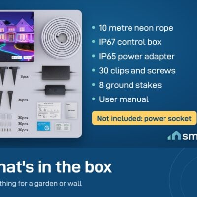 What's in the Govee outdoor neon rope box: rope, control box, power adapter, clips, screws, ground stakes, manual
