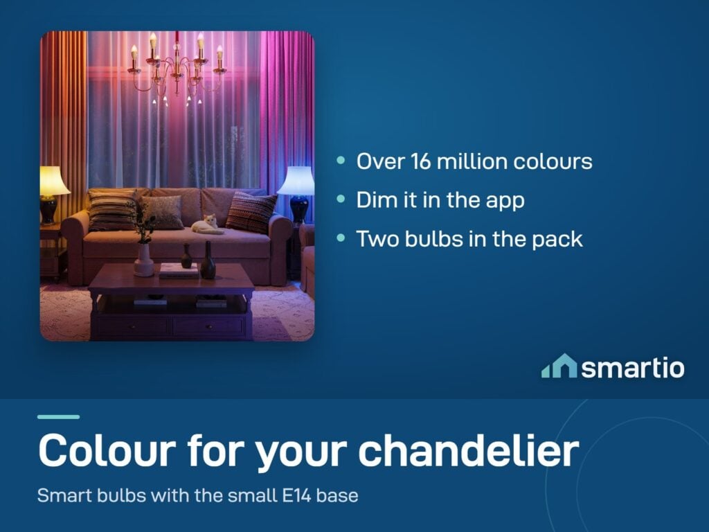 Govee E14 smart bulbs lighting a chandelier in a living room; 16 million colours, pack of 2