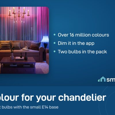 Govee E14 smart bulbs lighting a chandelier in a living room; 16 million colours, pack of 2