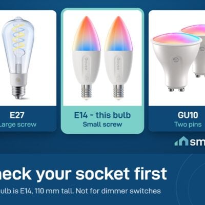 Sockets compared: E27 large screw, E14 small screw, GU10 two pins. The Govee H600C bulb is E14, 110 mm tall