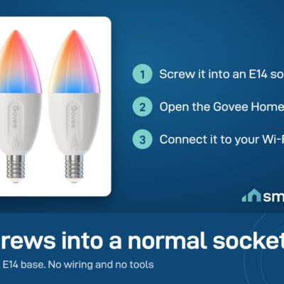 Govee E14 smart bulb setup: screw into an E14 socket, open Govee Home, connect to Wi-Fi