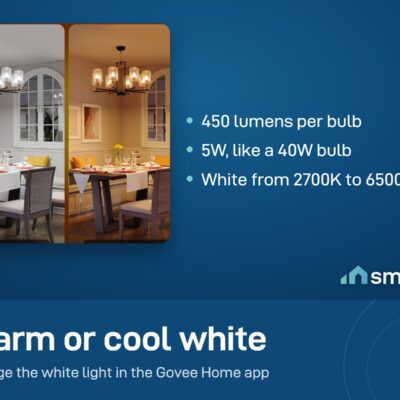 Govee E14 smart bulbs in a dining room, cool white and warm white; 450 lumens each, 2700K to 6500K