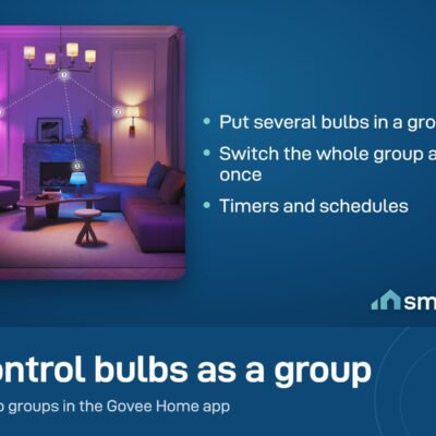 Govee E14 smart bulbs in a group in a purple living room, all switched together from the app