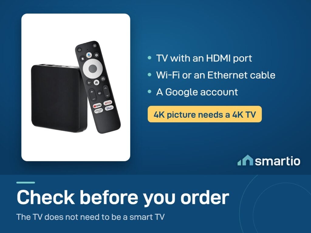 Dcolor GD2 Google TV box needs a TV with an HDMI port, Wi-Fi or Ethernet, and a Google account