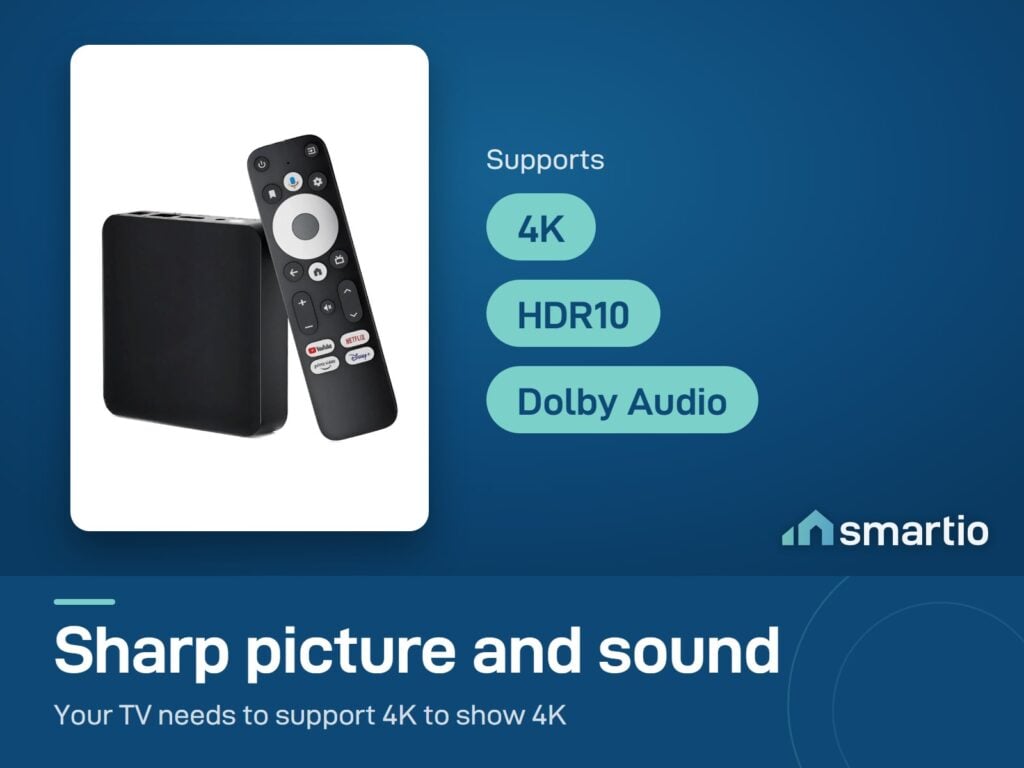 Dcolor GD2 Google TV box supports 4K, HDR10 and Dolby Audio; the TV must support 4K to show 4K