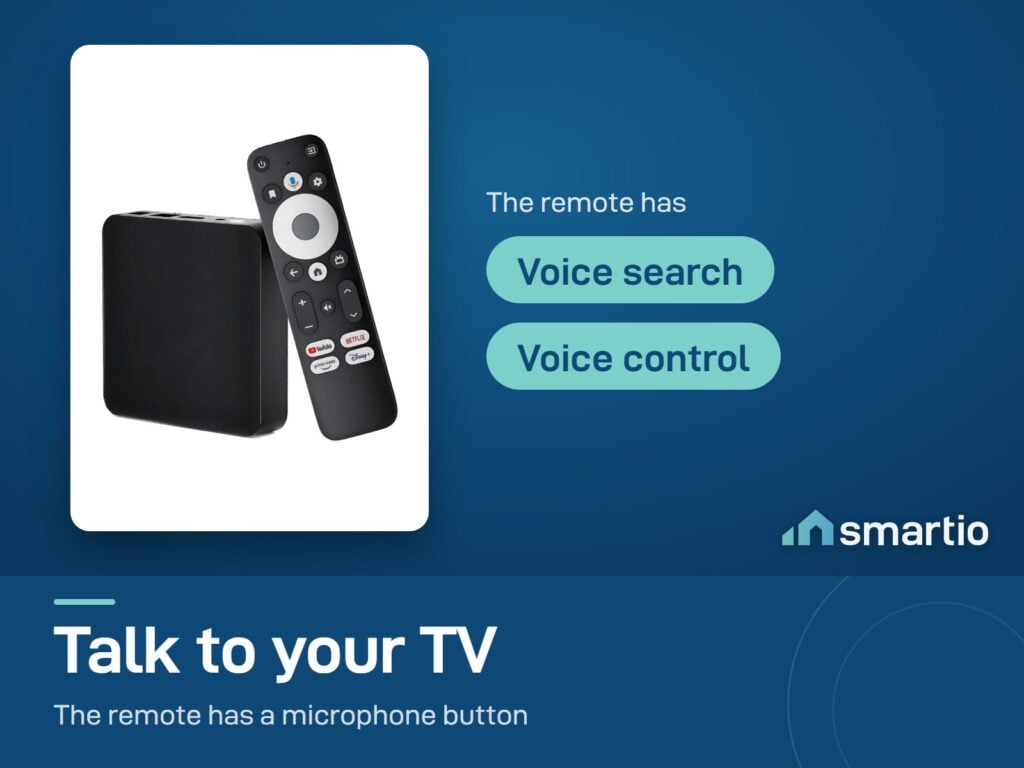Dcolor GD2 Google TV box with its voice remote, which has a microphone button for voice search and voice control