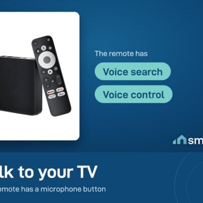 Dcolor GD2 Google TV box with its voice remote, which has a microphone button for voice search and voice control