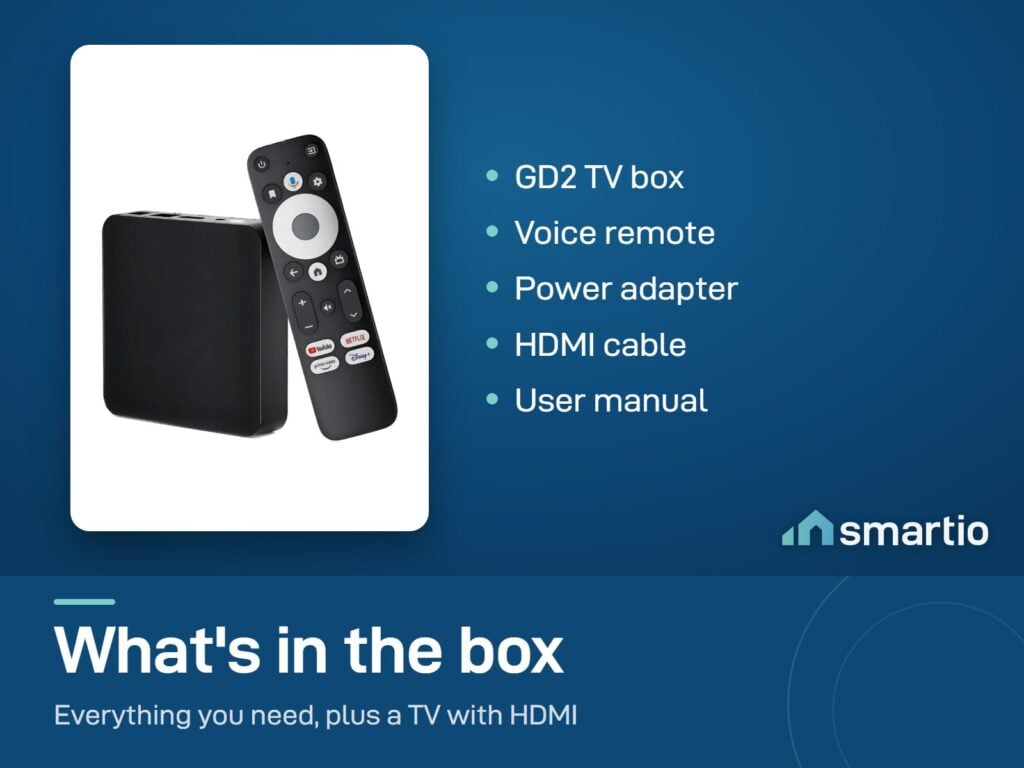 What's in the Dcolor GD2 Google TV box: TV box, voice remote, power adapter, HDMI cable and user manual