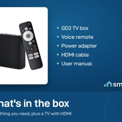 What's in the Dcolor GD2 Google TV box: TV box, voice remote, power adapter, HDMI cable and user manual
