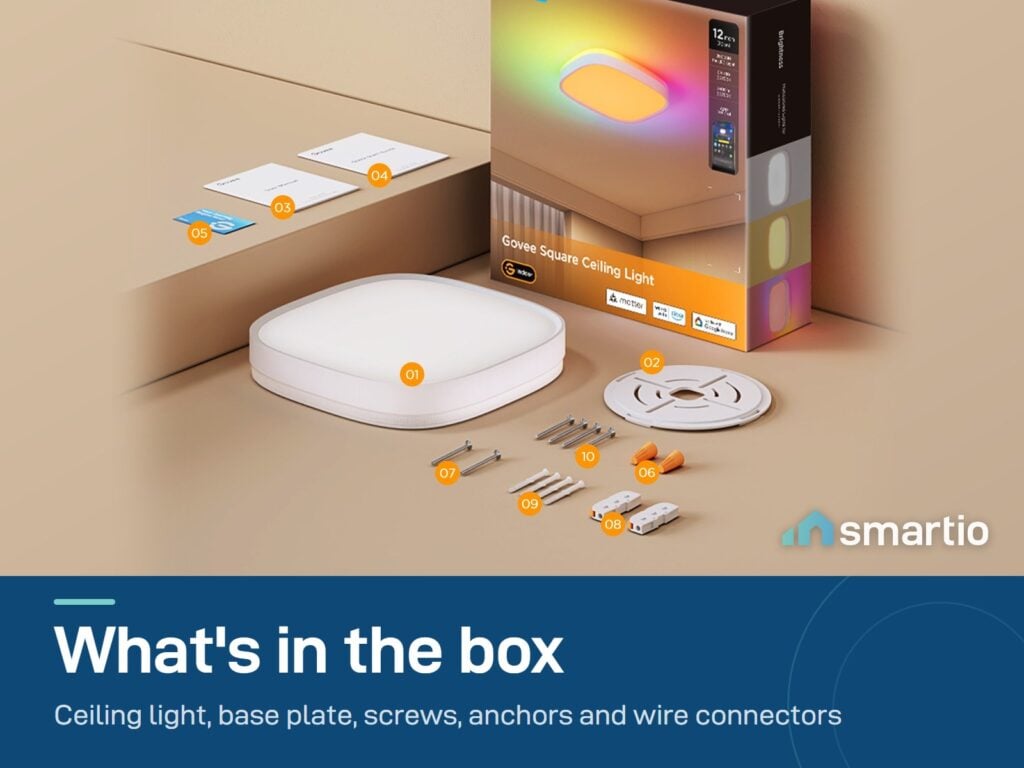 What's in the Govee 12-inch Square Ceiling Light box: light, base plate, screws, anchors, wire connectors