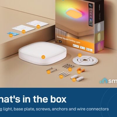 What's in the Govee 12-inch Square Ceiling Light box: light, base plate, screws, anchors, wire connectors