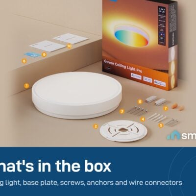 What's in the Govee 15-inch Round Ceiling Light box: light, base plate, screws, anchors, wire connectors