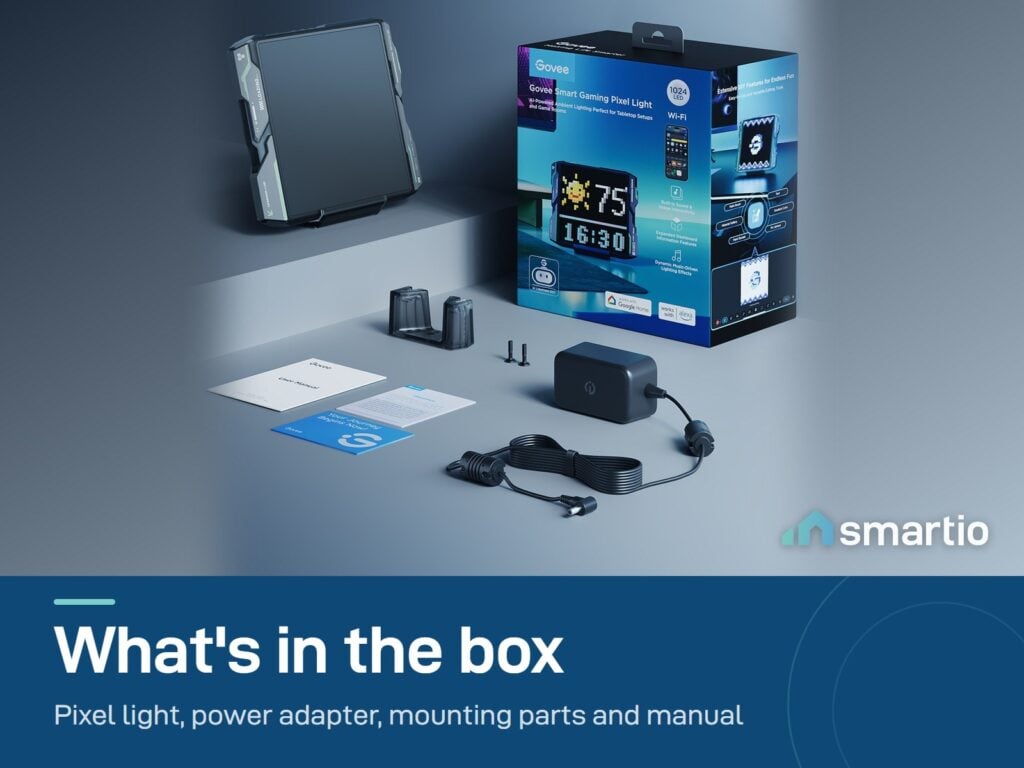 What's in the Govee Gaming Pixel Light box: pixel light, power adapter, mounting parts, manual