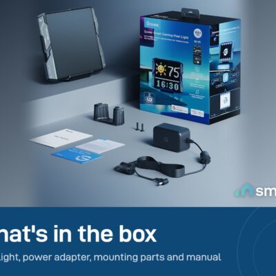What's in the Govee Gaming Pixel Light box: pixel light, power adapter, mounting parts, manual
