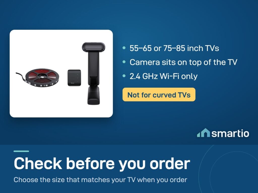 Govee TV Backlight T2 for flat 55 to 65 or 75 to 85 inch TVs: camera on top, 2.4 GHz Wi-Fi, not for curved TVs