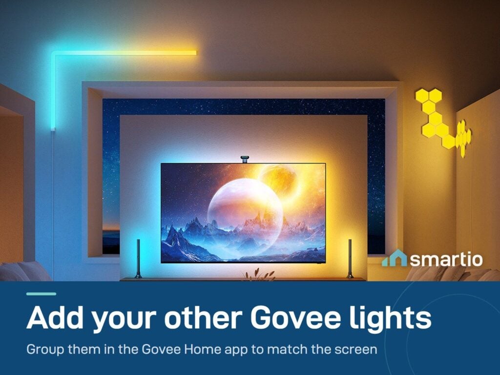 TV with the Govee TV Backlight T2 and other Govee lights on the wall matching the screen colours