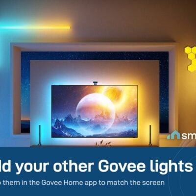 TV with the Govee TV Backlight T2 and other Govee lights on the wall matching the screen colours