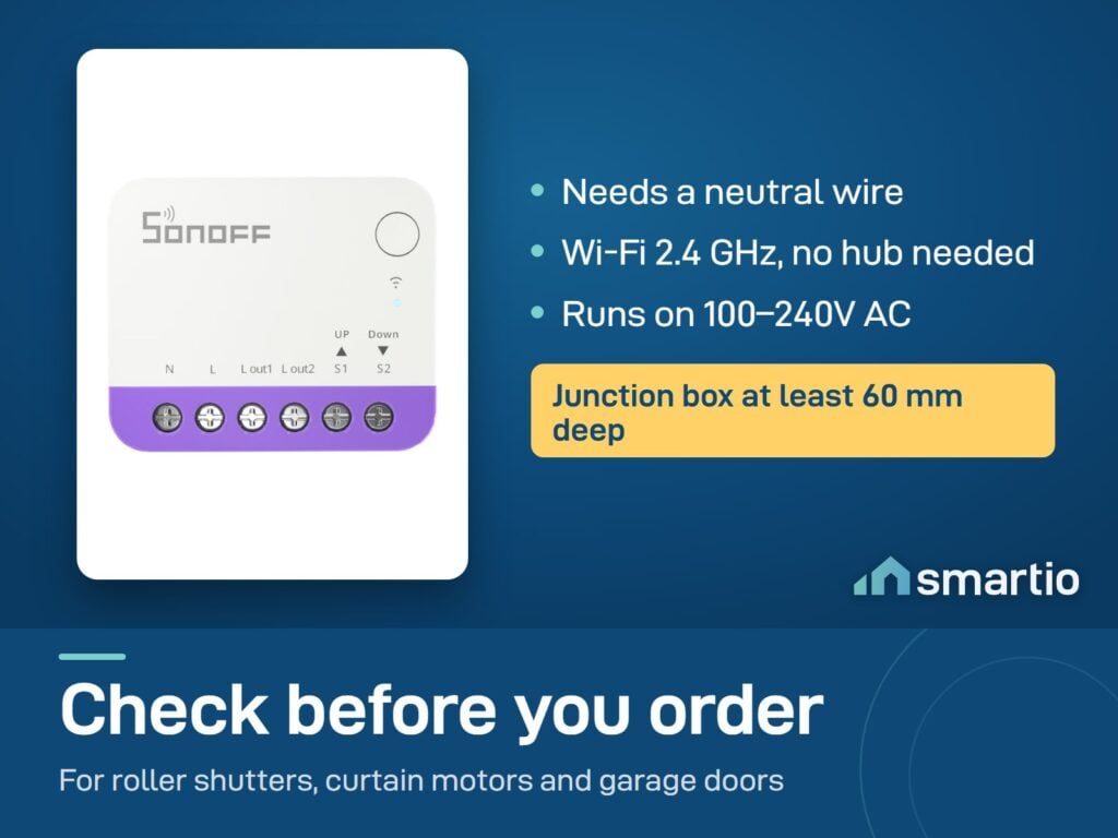 Sonoff MINI-RBS needs a neutral wire, Wi-Fi 2.4 GHz and a junction box at least 60 mm deep, runs on 100-240V AC, no hub needed